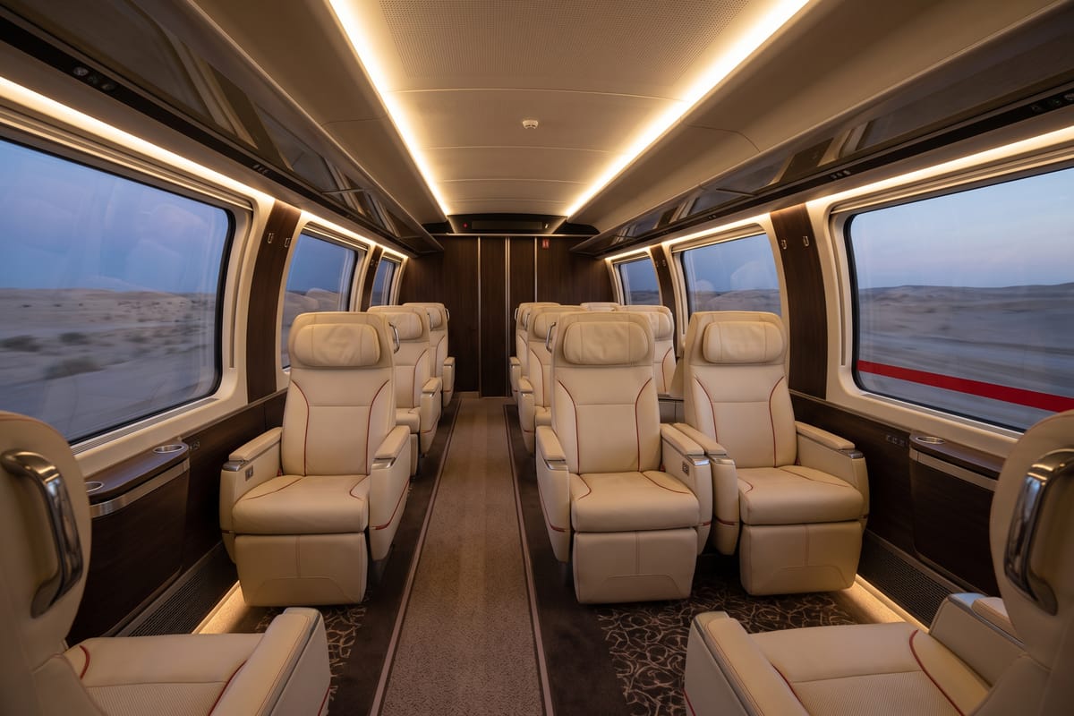 Premium class cabin interior with cream leather reclining seats and red accent stitching, wood-panelled walls, desert view through the windows