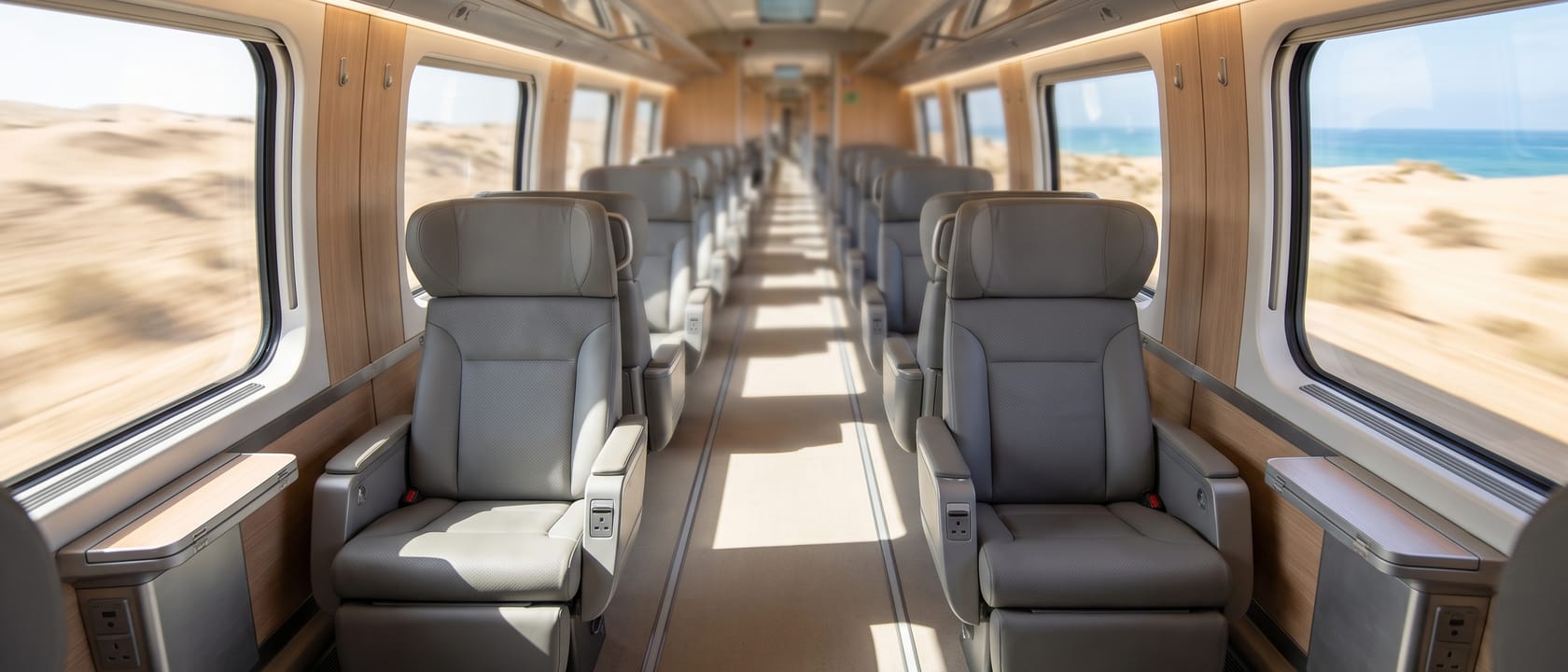 View down the aisle of an Etihad Rail passenger cabin, desert dunes on one side and the Gulf of Oman coastline on the other