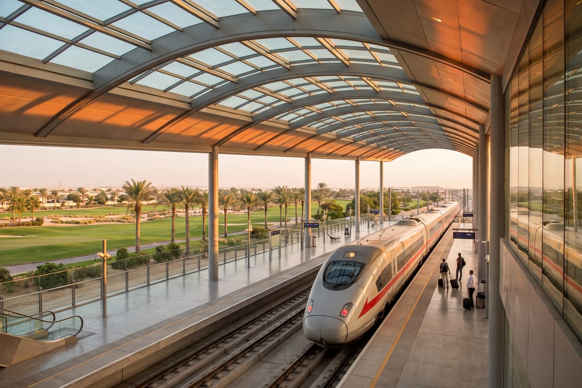 Modern train station beside the green fairways of Jumeirah Golf Estates in Dubai, with a passenger train arriving under a glass canopy