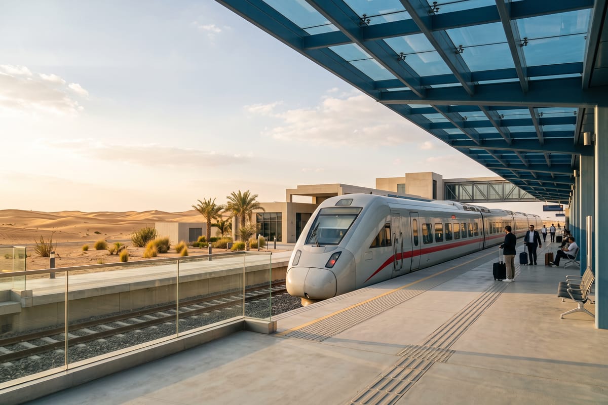 Etihad Rail passenger train at a desert station platform near Mohamed Bin Zayed City, Abu Dhabi, with sand dunes and palm trees in the background